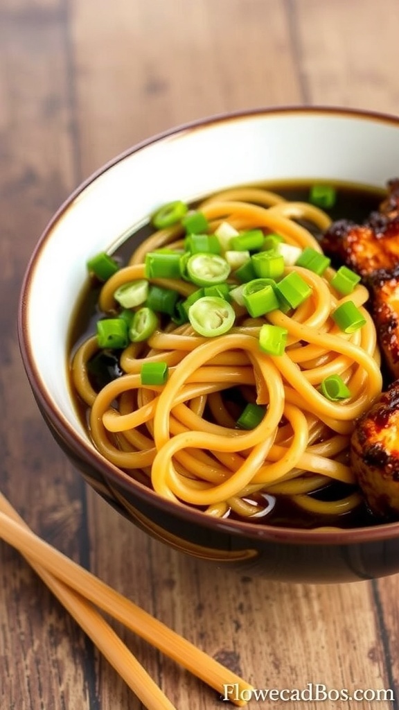 A bowl of noodles with soy sauce and protein, garnished with green onions on a rustic table.